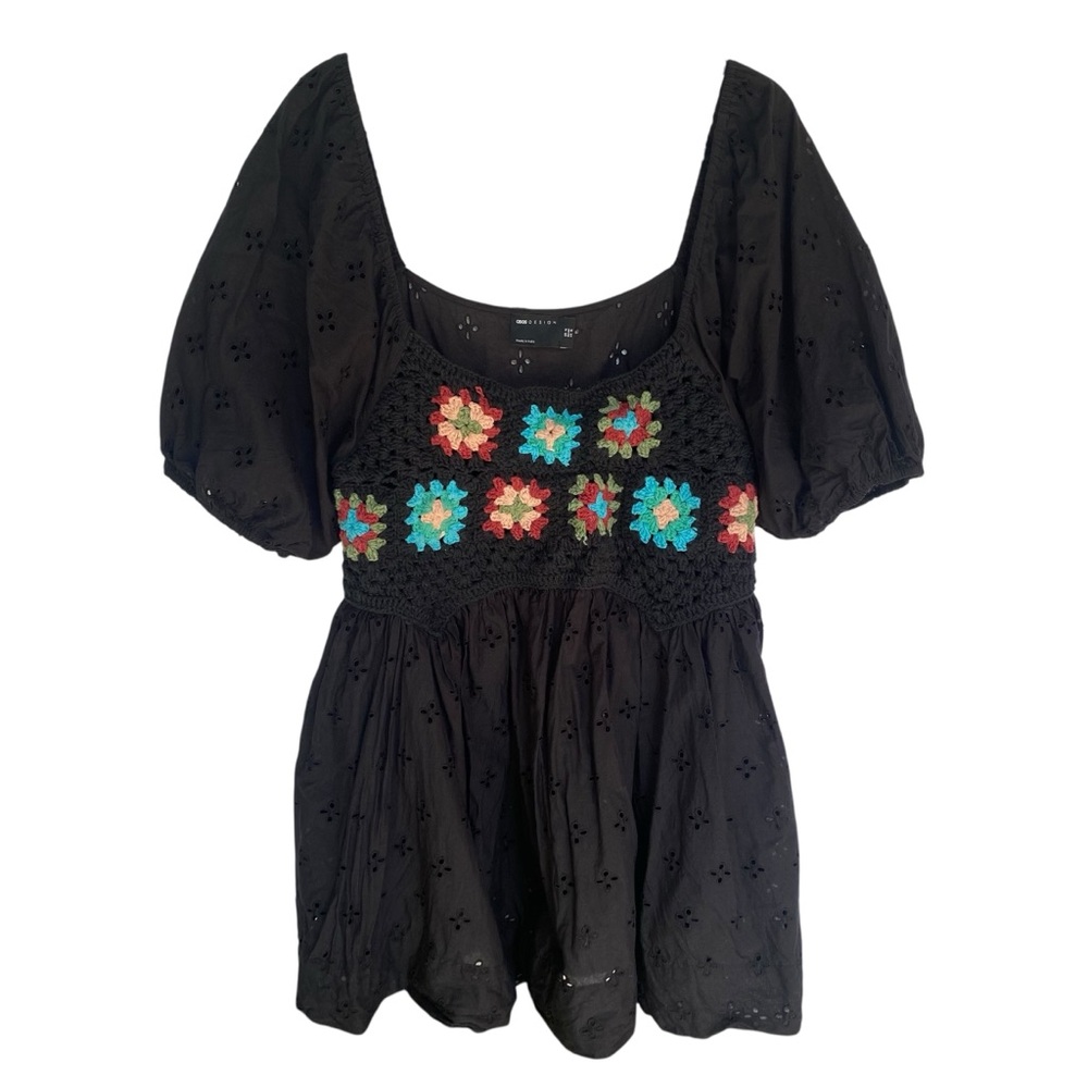 ASOS Design Crochet Puff Sleeve Broderie Mini Dress Womens Size 12 Boho Hippie